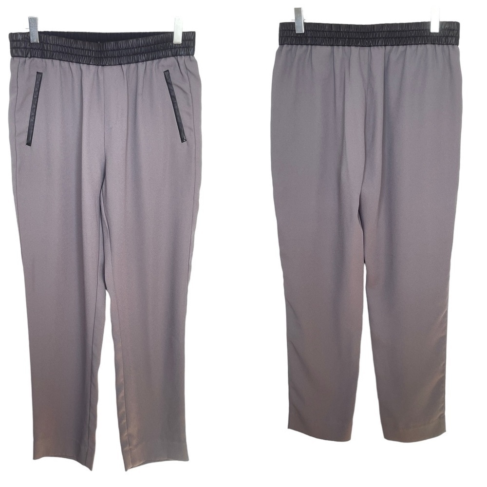 Banana Republic Grey Trousers Faux Black Leather Elastic Waist Zip Pockets Sz 8